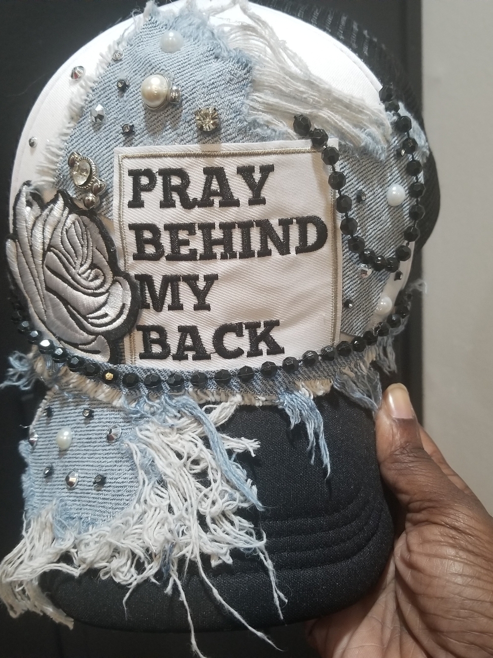 Distressed Denim & Black Studded Cap "Pray Behind My Back" Patch Custom CAP